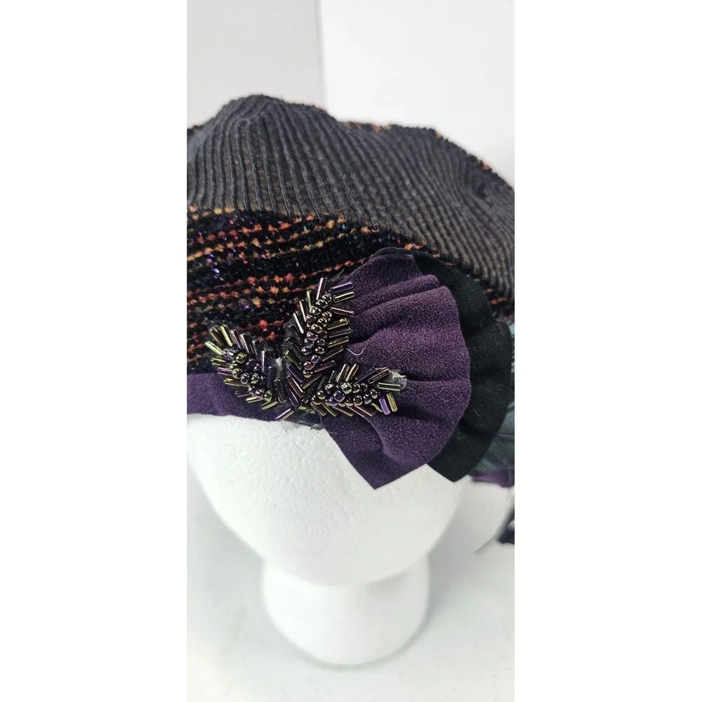 Vintage‎ Beaded Feather Beret Hat Purple Black Metallic Women's Dress Hat